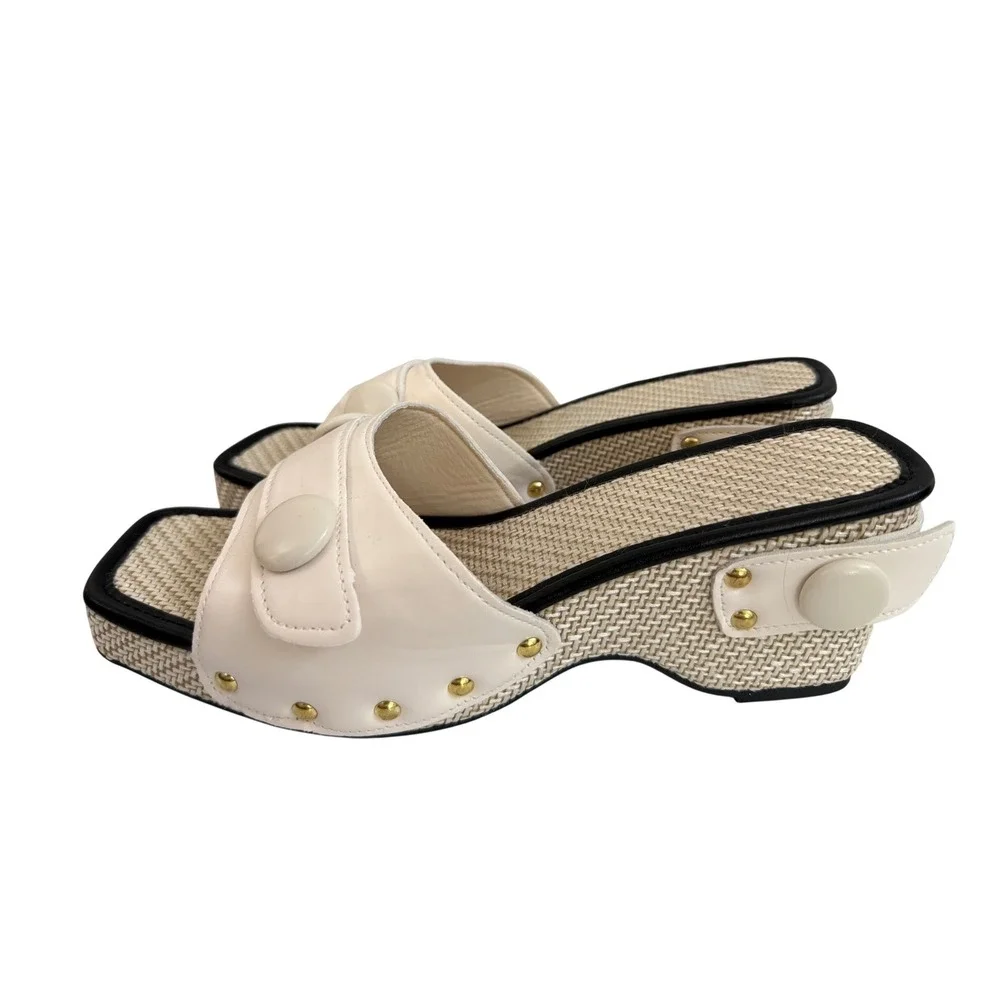 Cream Button Raffia Platform Slide‎ Sandals Square Toe Wedge Heels Size 42 US 9